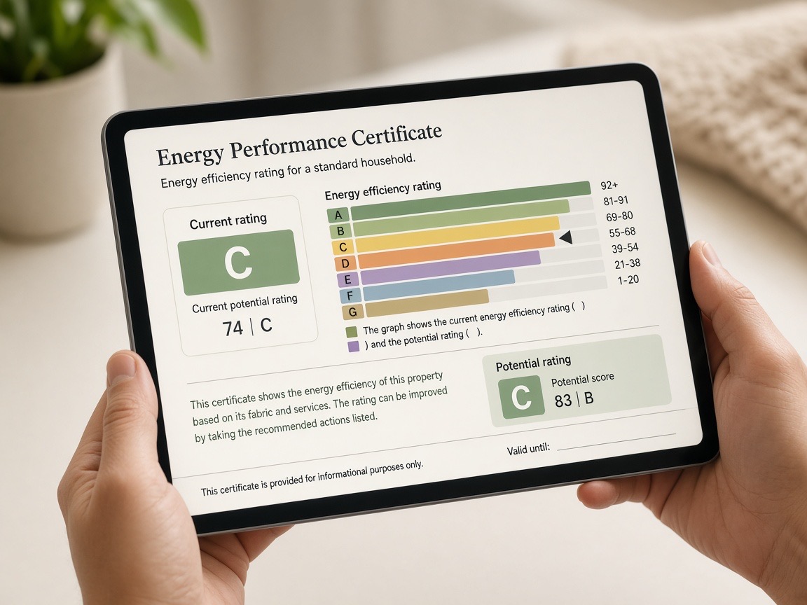 Illustrative photograph of an Energy Performance Certificate on a tablet